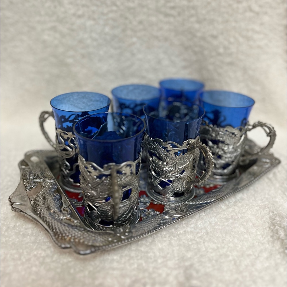Set of 6 Japanese  cobalt and silver chrome glasses with tray